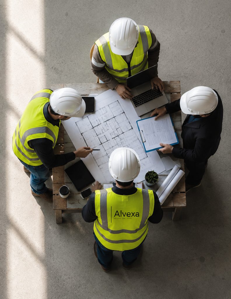 Alvexa Group ekibi, bir proje masasında mimari planı inceliyor.