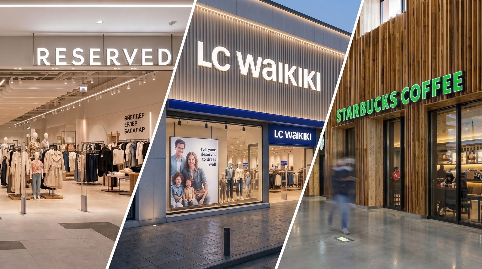 Alvexa'nın uyguladığı üç mağaza: Reserved, LC Waikiki ve Starbucks cepheleri yan yana.