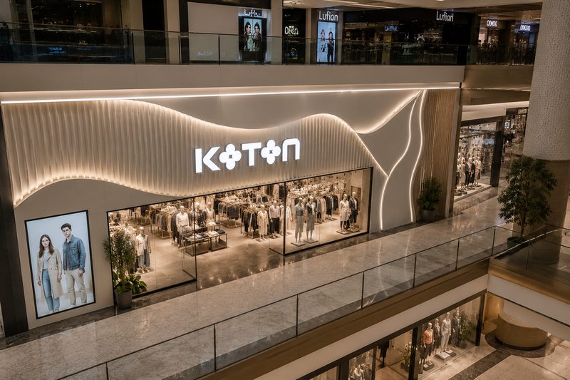 Alışveriş merkezi galerisinden görünen, aydınlatmalı Koton mağaza cephesi.
