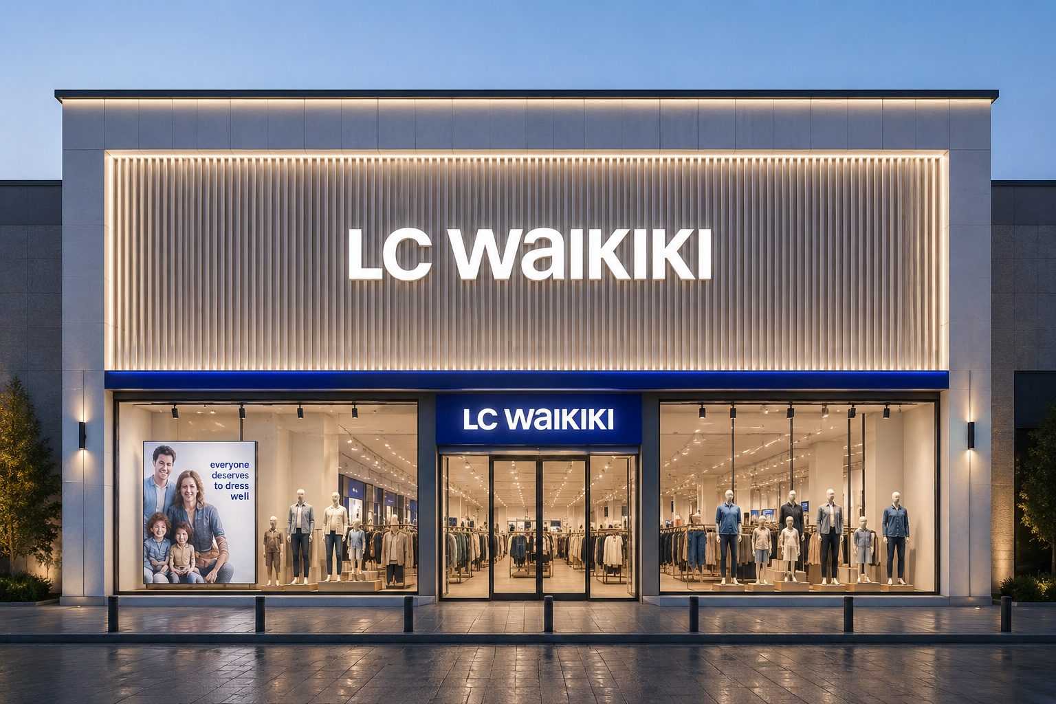 Tamamlanmış LC Waikiki mağazası cephesi; aydınlatmalı tabela ve vitrin.