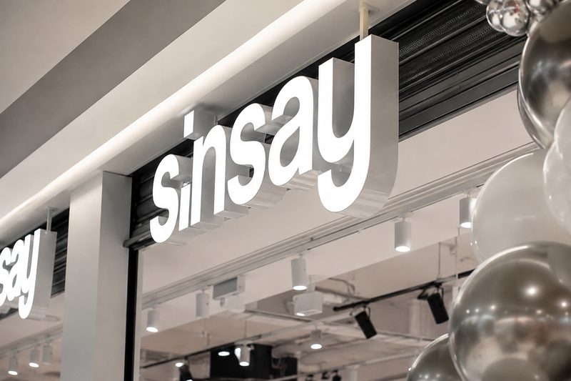 Beyaz aydınlatmalı Sinsay tabelası ve mağaza cephesi.